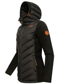 Black puffer jacket with fleece sleeves, featuring a hood, zippered pockets, and orange accents. Chevron quilted design on the body.
