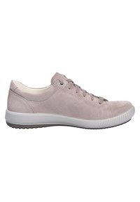 Hellgraue Wildledersneaker mit flachen Schnürsenkeln, runder Zehenpartie und weißer Gummisohle mit strukturiertem Grip. Minimalistisches Design ohne Muster.