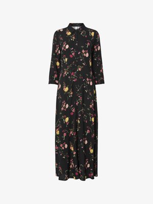 Fekete virágmintás maxi ruha gallérral, rózsaszín, sárga és zöld virágmintákkal, hosszú ujjú és gombos elülső kialakítással.