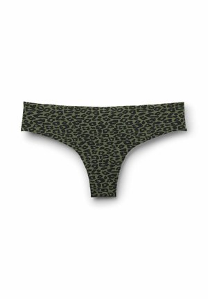 Green and black leopard print women's thong underwear with seamless edges displayed on white background.