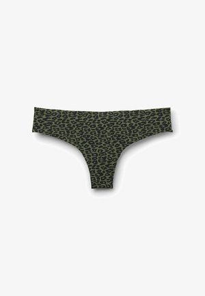 Green and black leopard print women's thong underwear with seamless edges displayed on white background.