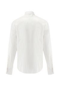 Weißes Langarmhemd mit glatter Textur, klassischem Kragen und geknöpften Manschetten; verfügt über eine taillierte Passform und saubere Nähte.