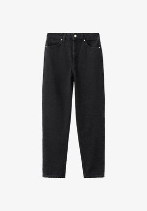 Black straight-leg jeans with front button, belt loops, and five-pocket design, displayed on a white background.