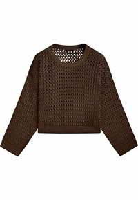 Pull en tricot marron à manches longues avec motif ajouré et poignets, ourlet et col rond côtelés.