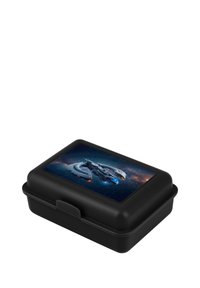Černá obdélníková lunchbox s lesklým víkem s designem vesmírné lodi na pozadí hvězdné oblohy. Boční uzávěr a hladké hrany.