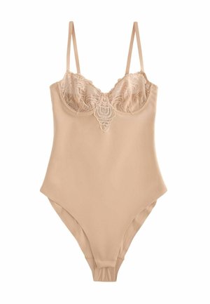 Beige one-piece bodysuit with thin straps and lace detailing on the chest and center front.