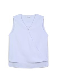 Top bianco senza maniche con scollo a V e design avvolgente. Tessuto morbido, orlo leggermente curvato e stile minimalista. Etichetta della taglia S visibile.