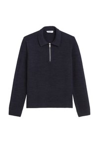 Granatowy sweter z dzianiny z zamkiem błyskawicznym przy stójce, z prążkowanymi mankietami i dołem. Wykonany z miękkiego materiału o gładkiej teksturze i minimalnych detalach.