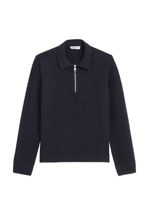 Pullover a maglione blu navy con colletto alto zip, polsini a costine e orlo. Realizzato in un tessuto morbido con una trama liscia e dettagli minimi.