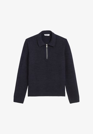 Marineblauwe gebreide pullover met een rits-collier, ribgebreide mouwen en zoom. Gemaakt van zachte stof met een gladde textuur en minimale details.
