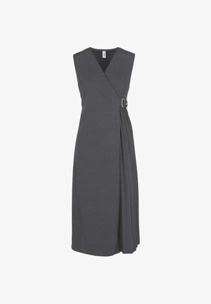 Gray sleeveless wrap dress with a buckle detail on the waist, featuring a draped fabric design and smooth texture.