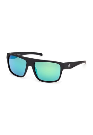 Occhiali da sole rettangolari neri con lenti riflettenti blu-verde e logo Adidas sulle aste, mostrati su uno sfondo bianco.