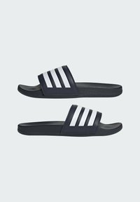 Navy blue slide sandals with a thick, textured strap featuring three horizontal white stripes and a curved sole for comfort.