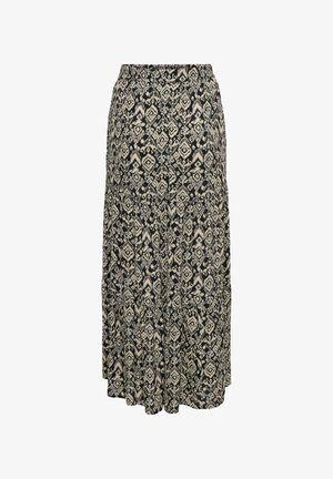 Mustast ja beežist maxi-seelik, millel on abstraktne geomeetriline teemantmustriga ning elastse vöökojaga.