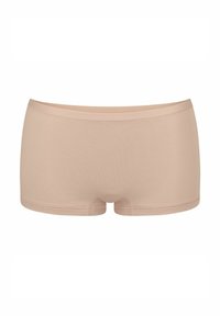 Beige cotton-blend boxer shorts with a smooth texture, a low-rise waist, and a full coverage design; features minimal seams and no visible branding.