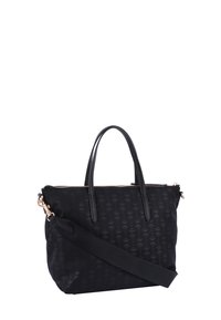 Borsa tote nera con un motivo floreale, doppie maniglie e tracolla staccabile. Presenta una chiusura con zip e una leggera lucentezza.