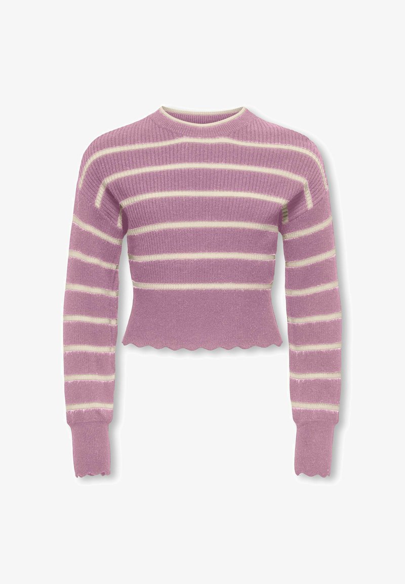 Pink and cream striped knit sweater with a scalloped hem, long sleeves, and a ribbed texture. Cropped design fits snugly at the waist.