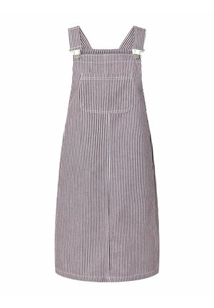 Striped purple and white cotton overall dress with front chest pocket and adjustable shoulder straps with metal clasps.
