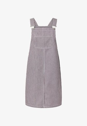 Dzianinowa sukienka ogrodniczka w paski w kolorze fioletowo-białym, z kieszenią na piersi z przodu i regulowanymi szelkami z metalowymi klamrami.