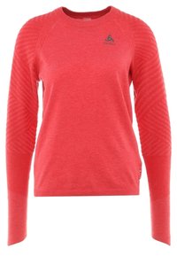 Červená košile s dlouhým rukávem, ribbený vzor a hladké tělo. Na rukávech má diagonální vzorované akcenty a malé logo na hrudi.