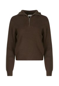 Pull en maille côtelée marron avec un col montant, fermeture éclair mi-longue et manches longues. Tissu texturé et design court.