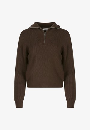 Pull en maille côtelée marron avec un col montant, fermeture éclair mi-longue et manches longues. Tissu texturé et design court.