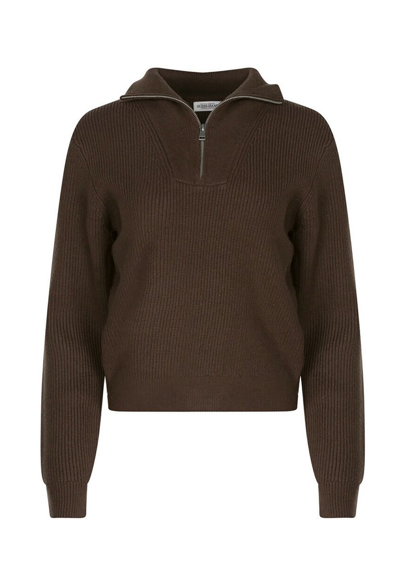 Pull en maille côtelée marron avec un col montant, fermeture éclair mi-longue et manches longues. Tissu texturé et design court.