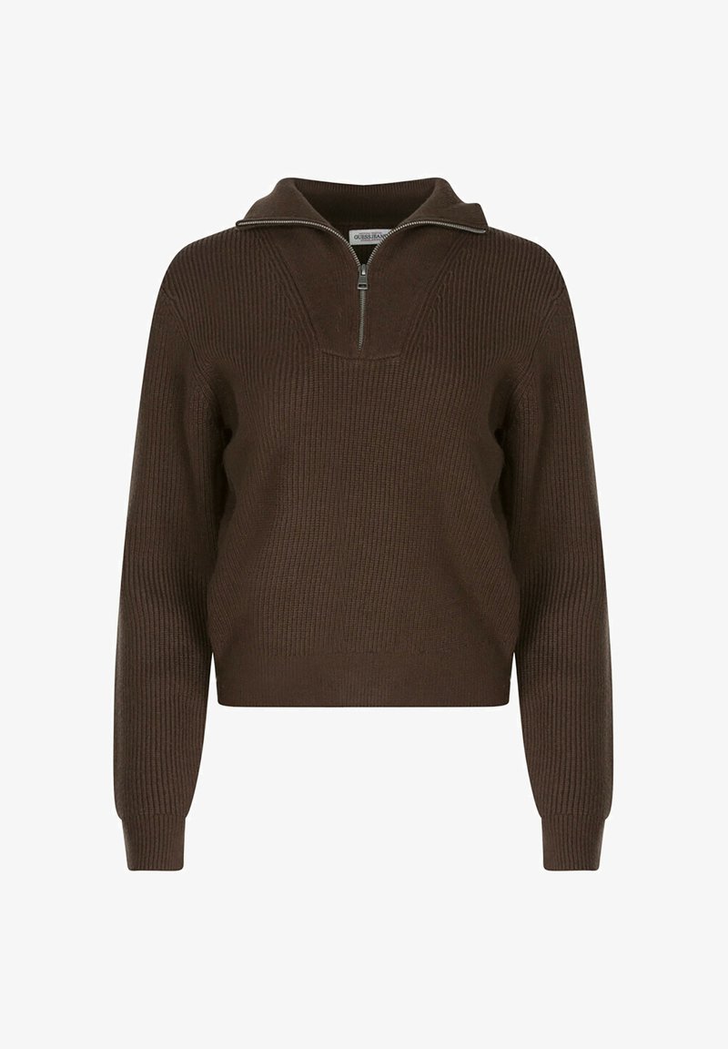 Pull en maille côtelée marron avec un col montant, fermeture éclair mi-longue et manches longues. Tissu texturé et design court.