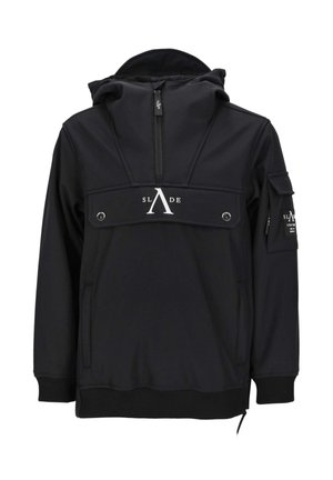 Veste pullover noire avec une fermeture éclair à l'avant, capuche ajustable, poche sur la poitrine et détail de logo. Fabriquée en tissu doux et lisse avec des poignets côtelés.