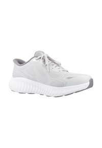 Zapatillas deportivas ligeras en gris con parte superior de malla, detalles texturizados, cordones tonales y una suela blanca gruesa y acolchada.