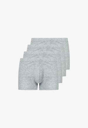 Quattro paia di boxer da uomo in cotone grigio semplice impilati, mostrati frontalmente su sfondo bianco.