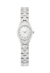 Montre argentée avec un boîtier rond, un cadran blanc comportant des index en cristal, et un bracelet en acier inoxydable.