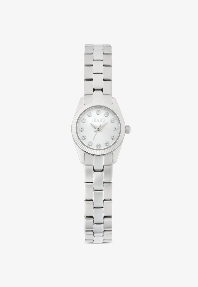 Silver-toned watch with a round case, a white dial featuring crystal indices, and a stainless steel link bracelet.