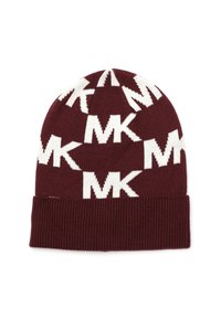 Bonnet en maille bordeaux avec un motif répété du logo "MK" en blanc, doté d'un revers côtelé en bas pour une texture supplémentaire.