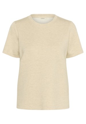 Tricou cu mânecă scurtă, de culoare bej deschis, cu guler rotund, fabricat dintr-un material moale; are un design simplu, fără embellisment.