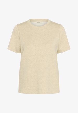 Camiseta de manga corta en beige claro con cuello redondo, hecha de una tela suave; presenta un diseño simple y sin adornos.