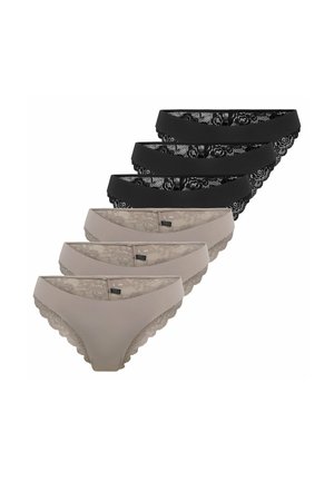 Tre slip bikini da donna neri e tre beige con rifiniture in pizzo disposti in due file sovrapposte.