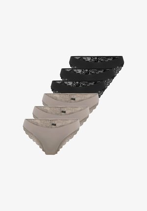 Drie zwarte en drie beige bikini-onderbroeken voor dames met kanten rand, gerangschikt in twee overlappende rijen.