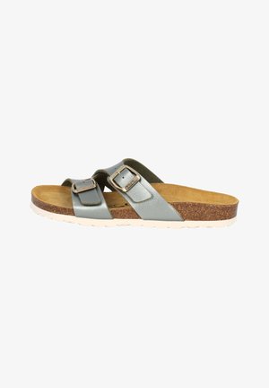 Hellgrüne Leder-Sandalen mit zwei verstellbaren Riemen und metallischen Schnallen, ausgestattet mit einem Korkfußbett und einer weißen Gummisohle.
