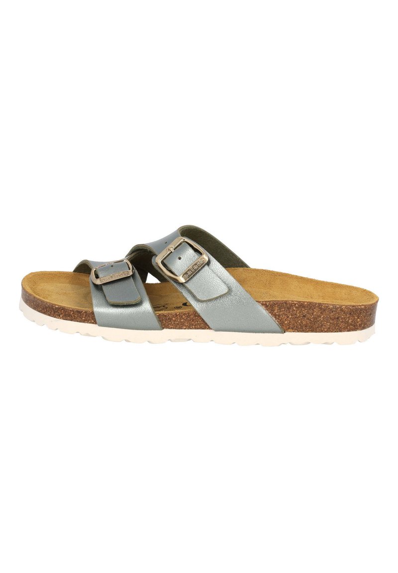 Sandales en cuir vert clair avec deux brides ajustables et boucles métalliques, dotées d'une semelle en liège et d'une semelle en caoutchouc blanche.