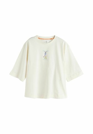 Tricou cu mânecă scurtă de culoare crem, din bumbac moale, având un text grafic central și o ilustrație cu un design pastel deschis.