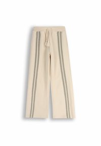 Beżowe szerokie spodnie z dwoma pionowymi szarymi paskami, z elastycznym pasem i sznurkiem ze wstążkami. Miękka bawełniana tkanina.