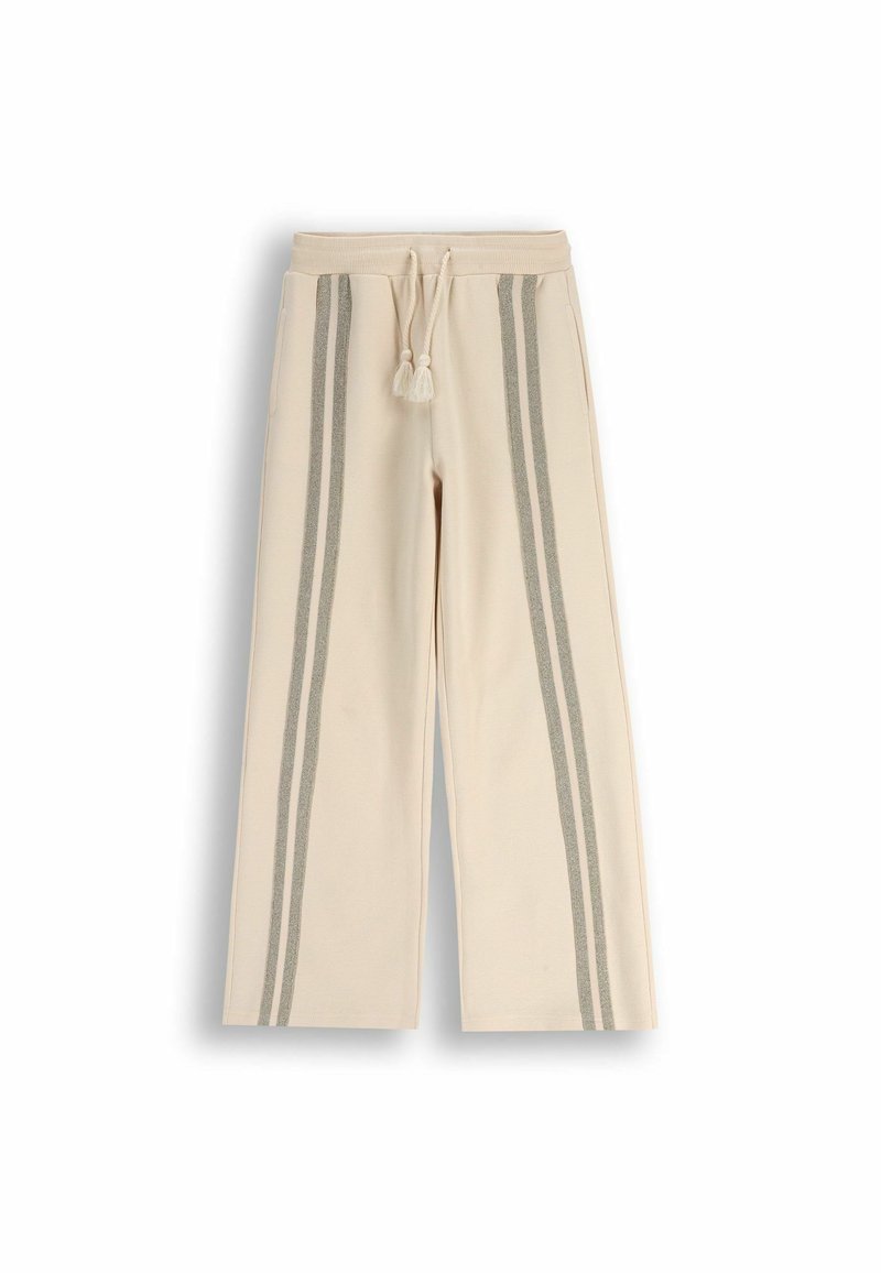 Beżowe szerokie spodnie z dwoma pionowymi szarymi paskami, z elastycznym pasem i sznurkiem ze wstążkami. Miękka bawełniana tkanina.