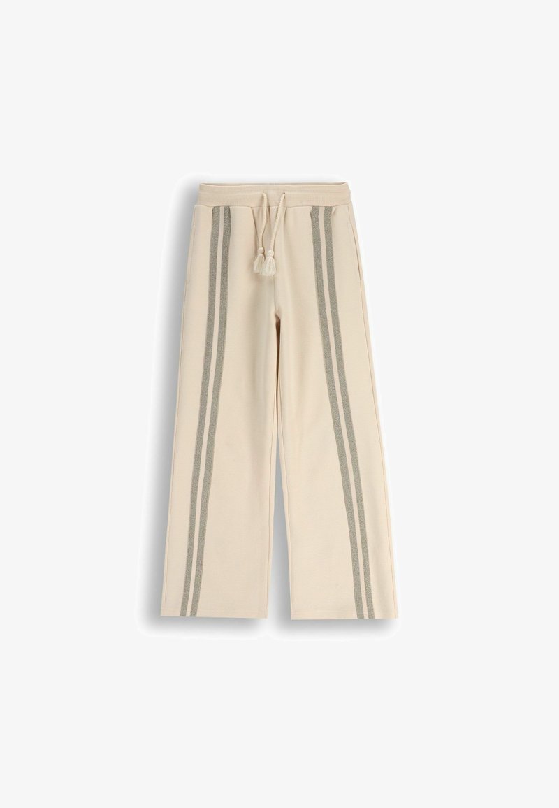 Beżowe szerokie spodnie z dwoma pionowymi szarymi paskami, z elastycznym pasem i sznurkiem ze wstążkami. Miękka bawełniana tkanina.