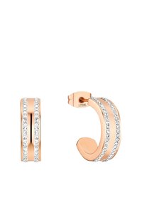 Hängande örhängen i roséguld har två rader av klara kristaller längs ytan, med en slät, polerad finish och en böjd form.