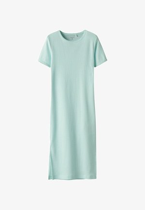 Mündroheline lühikeste varrukatega kleit tekstureeritud ruuduline mustriga, millel on ümar kaelus ja külgedel lõhikud, mis lisavad liikumisvabadust.