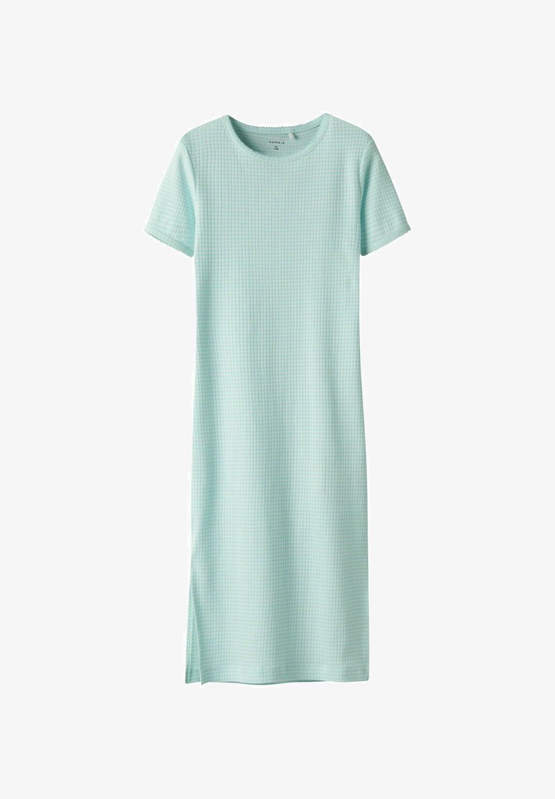Robe mint en vert d'eau à manches courtes avec un motif à carreaux texturé, dotée d'un col rond et d'entailles latérales pour plus de liberté de mouvement.