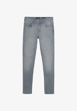 Lys grå denim jeans med slim fit, der har fem lommer, en knaplukning og minimal blegning for et rent udseende.