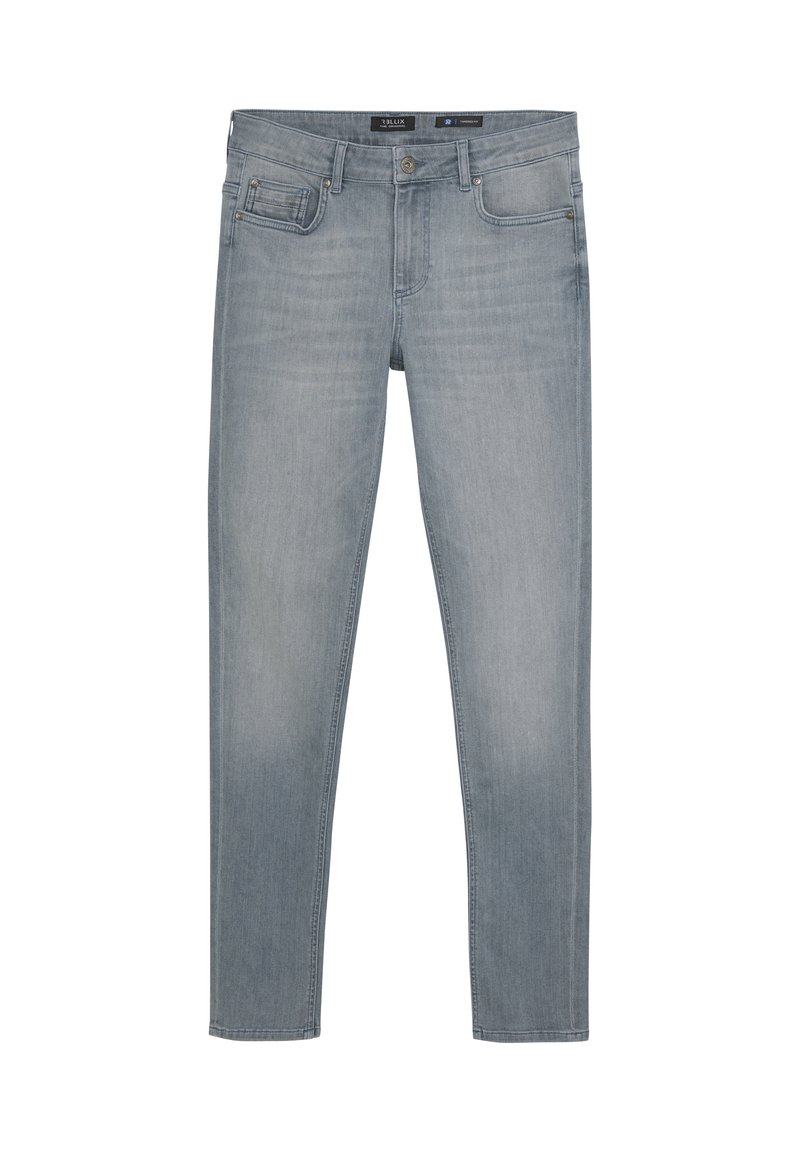 Ljust grå denimjeans med smal passform, som har fem fickor, knäppning och minimal blekning för ett rent utseende.