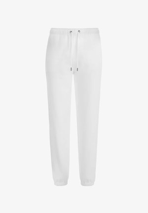 Bijele trenerke od mekog materijala, s elastičnom trakom u struku i drškom, te elastičnim manžetama na gležnjevima za sužen fit.